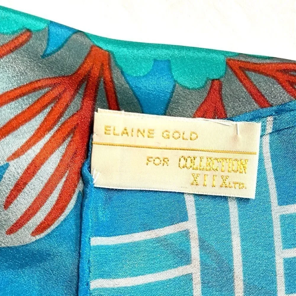 Elaine Gold for Collection XIIX Silk Square Scarf Floral Blue Gold made in Japan